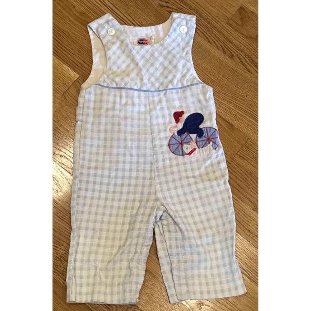 Vintage Boys Overall 18 Months‎ Blue Plaid Corduroy Boy Bike Embroidered Longall